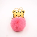 Cartoon tiger keychain with fluffy pink faux rabbit fur pompom and golden keyring clasp - Gold Keychain / Watermelon red