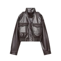 Giacca corta in pelle PU marrone scuro stile aviatore con tasche cargo e collo alto - XS / caffè