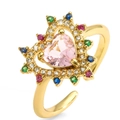 Détail d'une bague plaquée or 18K avec cristal coeur rose et pierres colorées - Ouvert Réglable / Rose