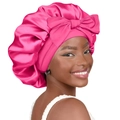 Hot pink satin sleep cap with large bow knot detail for hair protection and night care - Large / Rose Red