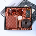 5-piece men's business gift set featuring brown watch, wallet, belt, sunglasses, and lighter - 6-Piece Coffee Set (Belt + Auto Buckle + Wallet + Watch + Sunglasses + Box)
