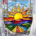 Bohemian acrylic sunset landscape suncatcher with mountains and colorful river design - Sunrise Ascending Pattern (34) / 15x15x0.2cm