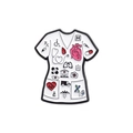Close-up of white enamel medical scrub brooch with icons like stethoscope and heart - White Medical Uniform