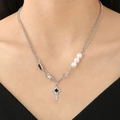 Gothic cross necklace with asymmetrical pearls and black rectangular gemstone charms - Stainless Steel Asymmetric Artificial Pearl Cross Necklace (6774)