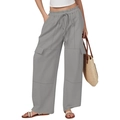 Women's loose grey cotton linen cargo pants with drawstring waist and wide leg design - S / Gray
