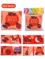 Detail view of red-themed soft baby cloth book featuring fire truck and apple patterns - Red Series