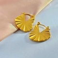 Golden pleated fan-shaped stainless steel earrings with textured finish and hoop closure - Pleated Fan Style (EH1108)