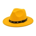 Detailed view of yellow wool felt fedora featuring black leather band with silver punk studs - M (56-58cm) / Yellow