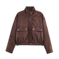 Brown faux suede jacket with stand collar and large flap pockets in a minimalist layout - XS / Coffee