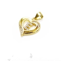 Macro shot of a gold heart pendant with cubic zirconia and the letter F on white background - Letter E