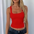 Slim fit red square neck tank top for women in Y2K style showing front view - Red