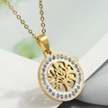 Elegant gold tree of life pendant necklace with sparkling crystal inlay on round edge - Gold Tree of Life