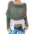 Green knit shawl with hollow-out pattern and long sleeves shown on a model - Hollow Long Shawl / Army Green