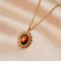 Vintage 14K gold-plated necklace featuring a brown tiger eye stone oval pendant - Oval Tiger Eye-Beaded Edge (YCN1614)