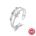 Anello doppio strato in argento sterling S925 con zirconi viola e rosa - Aperto Regolabile / Fiore In Zirconia Viola Rosa A Doppio Strato