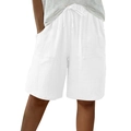 Women's summer white cotton linen drawstring shorts with loose fit and large pockets - S / White