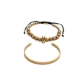 Men's gold titanium steel Roman numeral open bangle and beaded crown bracelet jewelry set - Gold 2-Piece Set