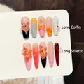 Set unghie 3D floreali con sfumatura rosa long coffin e motivi leopardati stiletto - Extra Piccolo (XS) / 3375-Bara Lunga