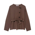 Close-up of brown knit cardigan featuring round neck and side button closure with belt - S / Rouge Red