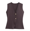 Gilet en tricot violet foncé avec col en V et boutons dorés élégants pour femmes - Beige