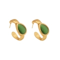 Elegant gold C-shaped earrings with green teardrop stones on a clean white background - C-Shape Water Drop Earrings / Green
