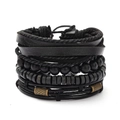 Mehrlagiges schwarzes Lederarmband Set mit Holzperlen und Vintage Bronze Anhängern - Schwarzer Punk Nieten Stil (39)