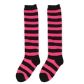 Striped knee-high socks for girls in black and bright pink knitted elastic fabric - One Size (7-12Y) / Black/Rose Red