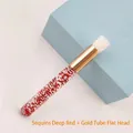 Detail view of red glitter eyelash cleaning brush with gold ferrule and white flat bristles - Glitter Red