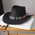 Close-up of black western cowboy hat with turquoise bead band and adjustable chin strap - Adult (55-60cm) / Black