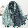 Ethnic cotton-linen feel scarf with green floral and dark blue patterns and tassels - Green Base Plant & Dark Blue Tiny Floral (SL2401-001)
