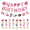 Set decorazione compleanno tema cosmetici rosa con striscione happy birthday e cake topper - Set Completo Decorazione Tema Trucco