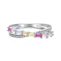 S925 sterling silver ring with colorful rectangular cubic zirconia and crossover design - Multicolor Criss-Cross Style (DY120742)