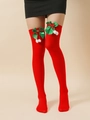 Christmas over-knee red stockings with green satin bow and white plush ball charms - Red Socks with Green Bow and White Pompoms