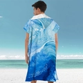 Hooded microfiber beach poncho featuring blue and white marble pattern for quick drying - Pullover Style - Light Blue Wave