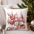 Christmas cushion cover featuring cozy deer and snowmen on a white sofa setting - TQYM72-9 (Cozy Season)