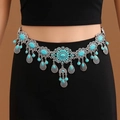 Detail of vintage silver waist chain with turquoise stones and flower tassel design - Blue Water Drop / Antique Silver / 17.5