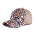 Women's sparkling sequin baseball cap with colorful geometric patterns and mesh back - Adjustable / Beige