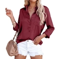 Elegant wine red satin long sleeve V-neck blouse with glossy finish for office wear - S / Burgundy
