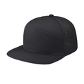 Black 7-panel flat brim baseball cap featuring laser-cut ventilation on white background - XL (60cm+) / Black