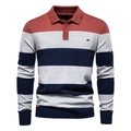 Heren slim fit Polo trui met lange mouwen en driekleurig gestreept gebreid ontwerp in marine - S / Baksteenrood