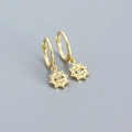 Golden evil eye hoop earrings featuring sunburst charms and blue turquoise stones - 925 Silver / Gold