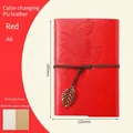 Vintage red A6 PU leather loose-leaf notebook with embossed leaf design and charm - Lined / Red / A6
