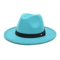 Close-up of cyan wool fedora featuring a black leather band and gold rivet detail - M (56-58cm) / Lake Blue