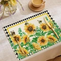 Modern linen placemat with sunflower and bee prints and black white checkered border - Sunflower Bee Checkered