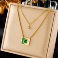 Gold double-layered necklace with green gemstone square pendant and white shell inlay - Emerald Mother of Pearl Square Snake Chain Style (N2482)