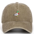 Macro detail of green duck embroidery on khaki washed cotton vintage baseball cap - Khaki