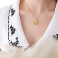 Minimalist 18k gold plated titanium oval pendant necklace with engraved flower detail - December Flower(P1146) / 40cm+5cm / Gold