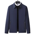 Classic navy blue men's business jacket with a stand collar and zip pockets in a flat lay view - M / Blue