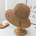 Detailed view of woven straw hat featuring delicate red tulip embroidery and texture - L (58-60cm) / Cherry Khaki