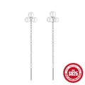 Elegant S925 sterling silver drop earrings with triple white pearls on chains - Three-Pearl Tassel Ear Line (60239400735) / White Gold